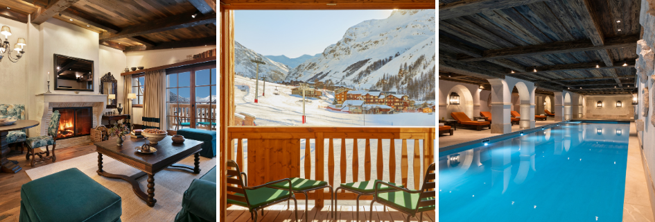 Trio of images showing the sophisticated lounge area with lit fireplace of one of the rooms at Hotel Airelles Val d'Isère, as well as the view from the balcony of the ski lifts and snow front from another, and the indoor swimming pool of the hotel spa.