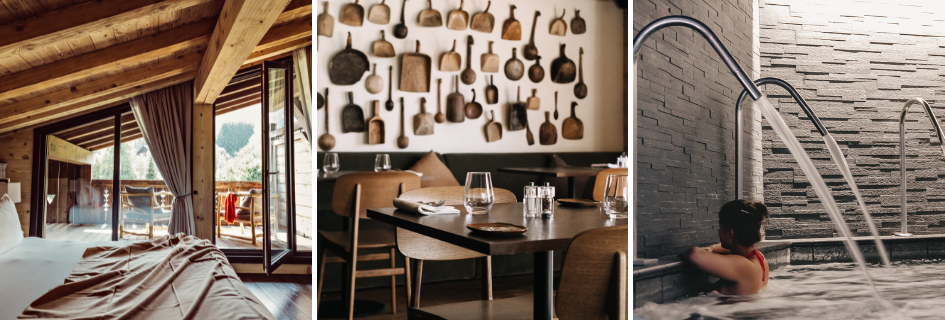 Trio of images showcasing some of the Alpaga Hotel's features and facilities, including a bedroom and balcony, the dining tables and rustic decor of one of the hotel restaurants, and a woman relaxing in the swimming pool in the spa area.