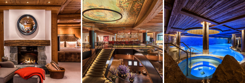 Trio of images showing a lit open fireplace in a cosy alpine bedroom, the grand entrance lobby with lounge and bar area, and the indoor swimming pool and Jacuzzi of the spa area at the Alpina Gstaad, one of the best luxury ski hotels in Europe.