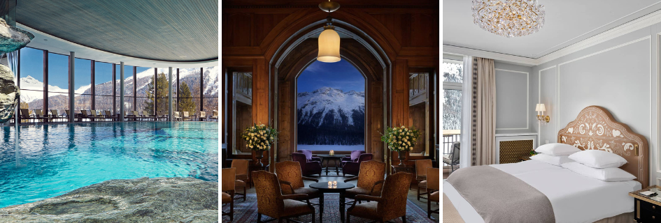 A trio of images showing the giant swimming pool in the spa, the elegant dining room of Le Grand Hall, and a plush bedroom within a two-bedroom suite at Badrutt's Palace hotel in St Moritz. 