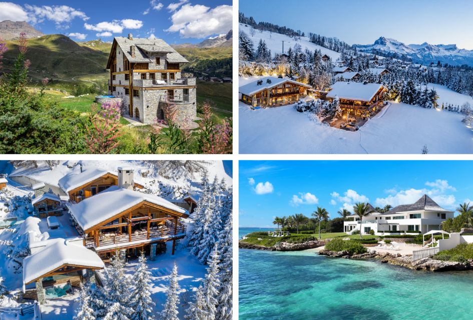 Four pictures of properties from the full Blue Skies Lifestyle Collection including a luxury summer chalet, two luxury ski chalets and a luxury villa.
