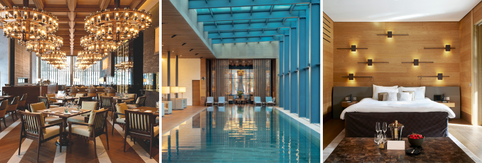 A trio of images showing the main dining room in The Restaurant, an indoor swimming pool of the spa area, and a Deluxe Room bedroom at The Chedi Andermatt. 