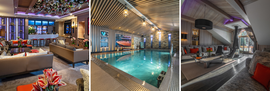 Trio of images showing the vibrant lounge and bar area of Grandes Alpes Hotel, in addition to its indoor swimming pool and one of the lounge areas of one of the hotel apartments.