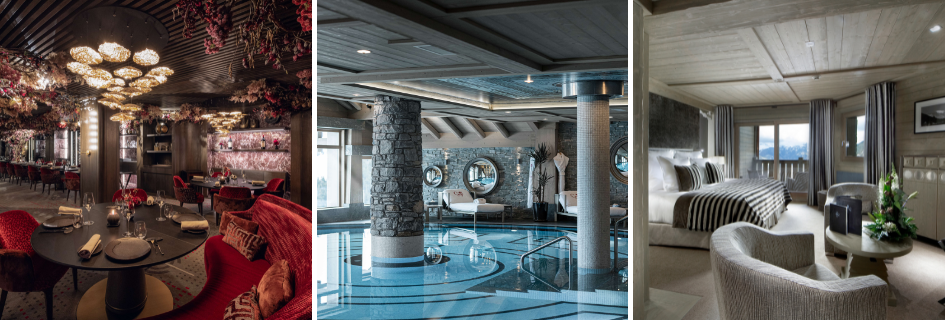 A trio of images showing the unique decor of one of the restaurants at Hotel Le K2 Palace in Courchevel 1850, in addition to a swimming pool in the spa area, and one of the hotel's Classic Rooms. 