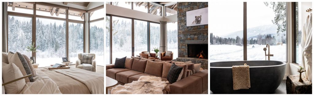 Trio of photos showing the interior of Mountain Lake Chalet