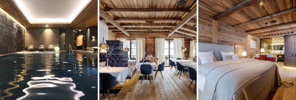 A trio of images showing the spa area with swimming pool, the traditional restaurant with authentic tiled stube heater, and one of the bedrooms at the boutique hotel Severin*s Alpine Retreat in Lech.
