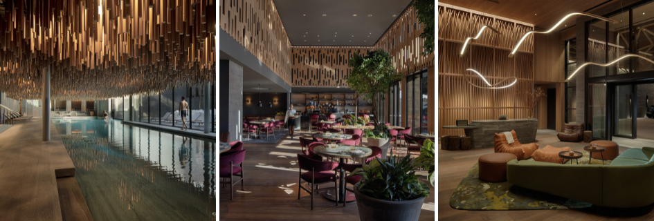 Truo of images showing one of the best luxury ski hotels in Europe, Six Senses Crans Montana. Left to right you can see the modern spa area with indoor swimming pool, one of the hotel's restaurants, and the stylish reception area that welcomes you into the hotel.