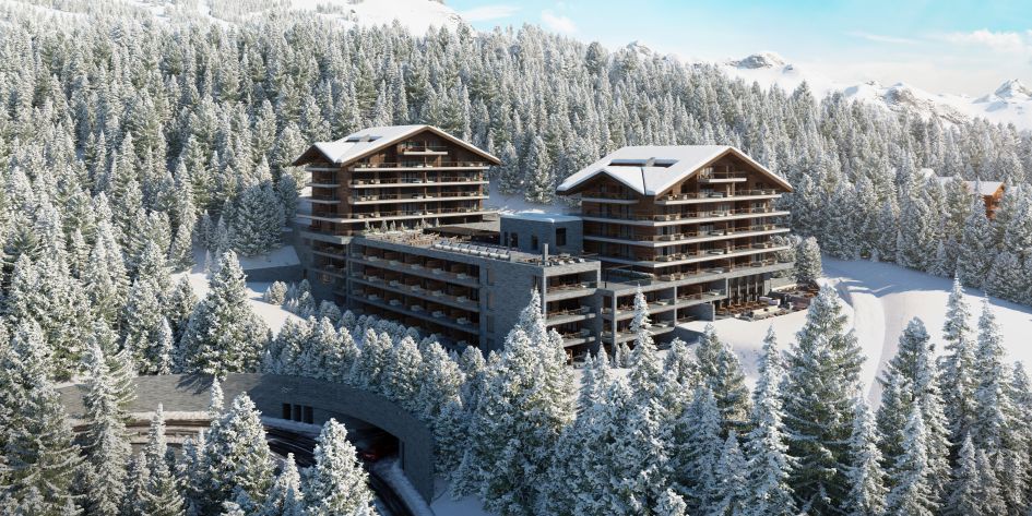 CGI external of the hotel Six Senses Crans Montana, surrounded by computer generated snow and forests. 