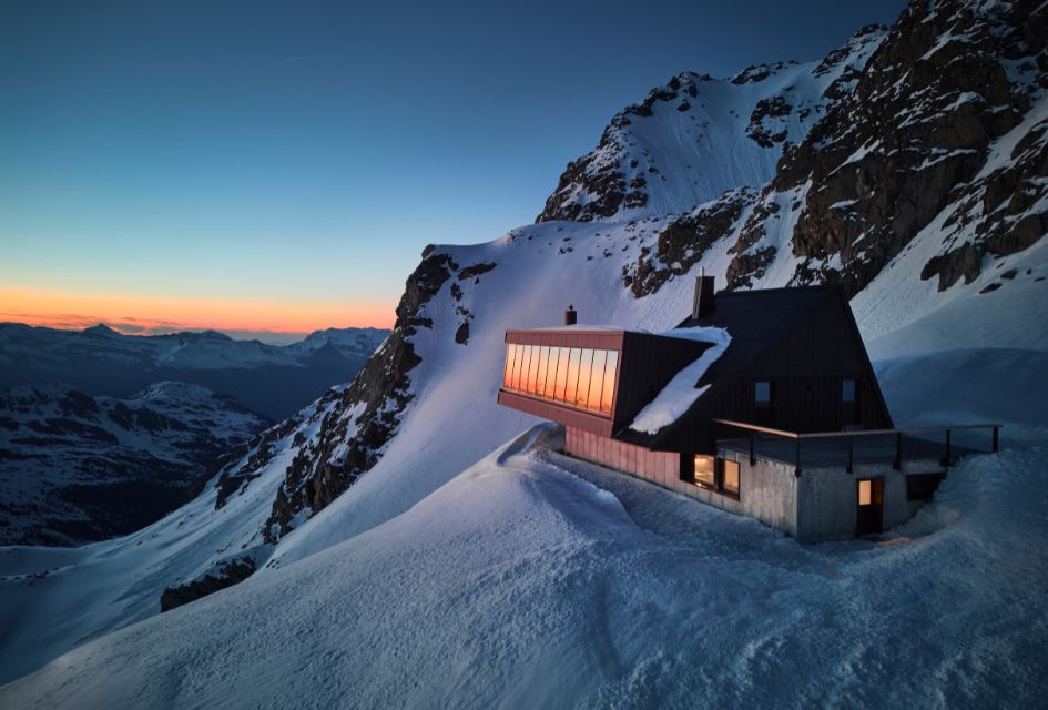 Sunset at Cabane Tortin, Verbier The sunset reflecting in the floor-to-ceiling windows of Cabane Tortin.