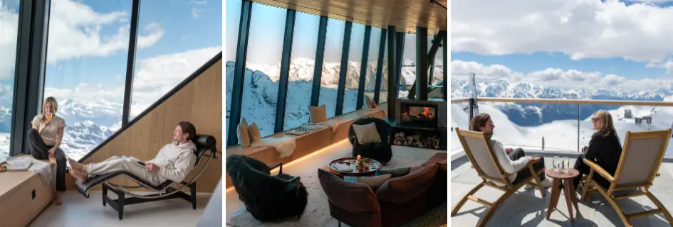 Lounging areas of Cabane Tortin. Left: Couple relaxing beside the windows in the master bedroom. Middle: Fireplace roaring in the living room with mountain views. Right: Couple sitting on sun loungers on terrace outside Cabane Tortin.