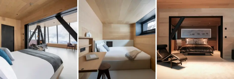 Bedrooms of Cabane Tortin. Left and right: master bedroom of Cabane Tortin, looking out at the mountains. Middle: double bedroom with fold-out desk.