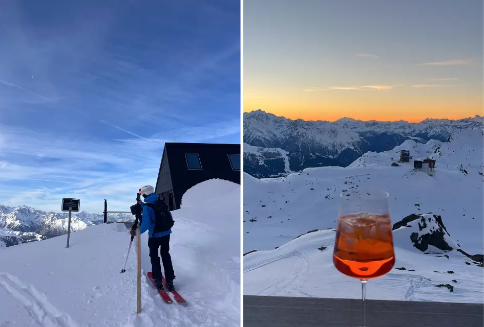 Cabane Tortin, Verbier Left: ski touring into Cabane Tortin with blue skies above. Right: Sunset veiw from the terrace at Cabane Tortin with an Aperol Spritz.