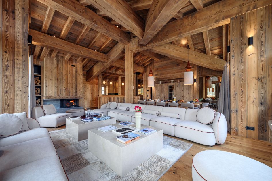 The interior open-plan living space of Chalet Cervinia, one of the top luxury catered ski chalets in Val d'Isère.