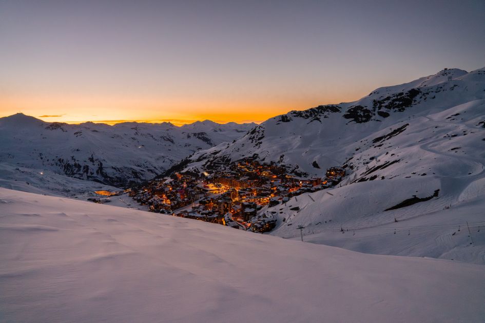 The ski resort of Val Thorens at dusk.