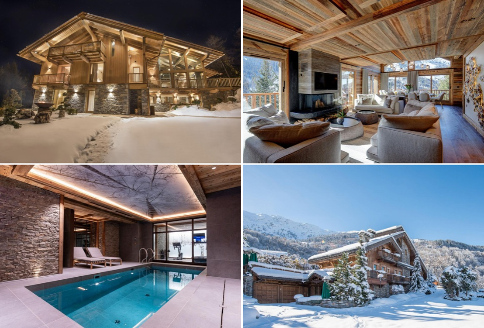 Top left: Chalet Alpaca, Méribel. Bottom left: Chalet Alice, Méribel. Top right: Chalet Ménor, Méribel. Bottom right: Chalet Tyrosolios, Méribel. A collection of luxury chalets in Méribel featuring beautiful alpine exteriors, spacious interiors and immaculate wellness facilities.